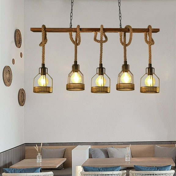 Arturesthome 5-light Rustic Wood Pendant Lights for Kitchen Island Walnut Unique Chandelier