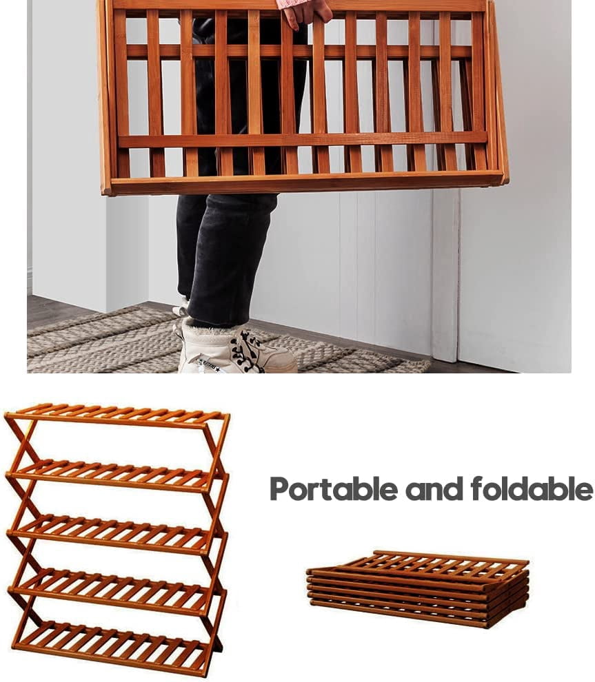 ShadeMart Brown 5 Tier Bamboo Shoe Rack,Portable Folding Shoe Storage Rack,Without Installation Small Shoe Rack Perfect for Corridors, Bedrooms and Small Spaces