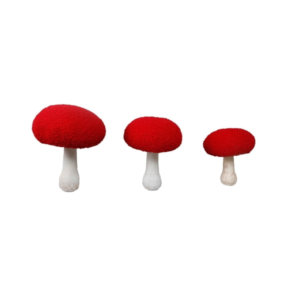 Flora Bunda Artificial Flower Boucle Mushroom on Natural Stem, Set of 3, Red