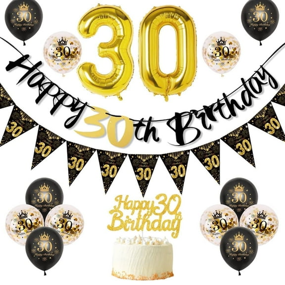 YANSION Black Gold 30th Birthday Party Decorations, Happy 30th Birthday Pennant Banner, Cake Topper, Black Gold Sequin Balloons Number 30 Balloon for Party Birthday Decorations