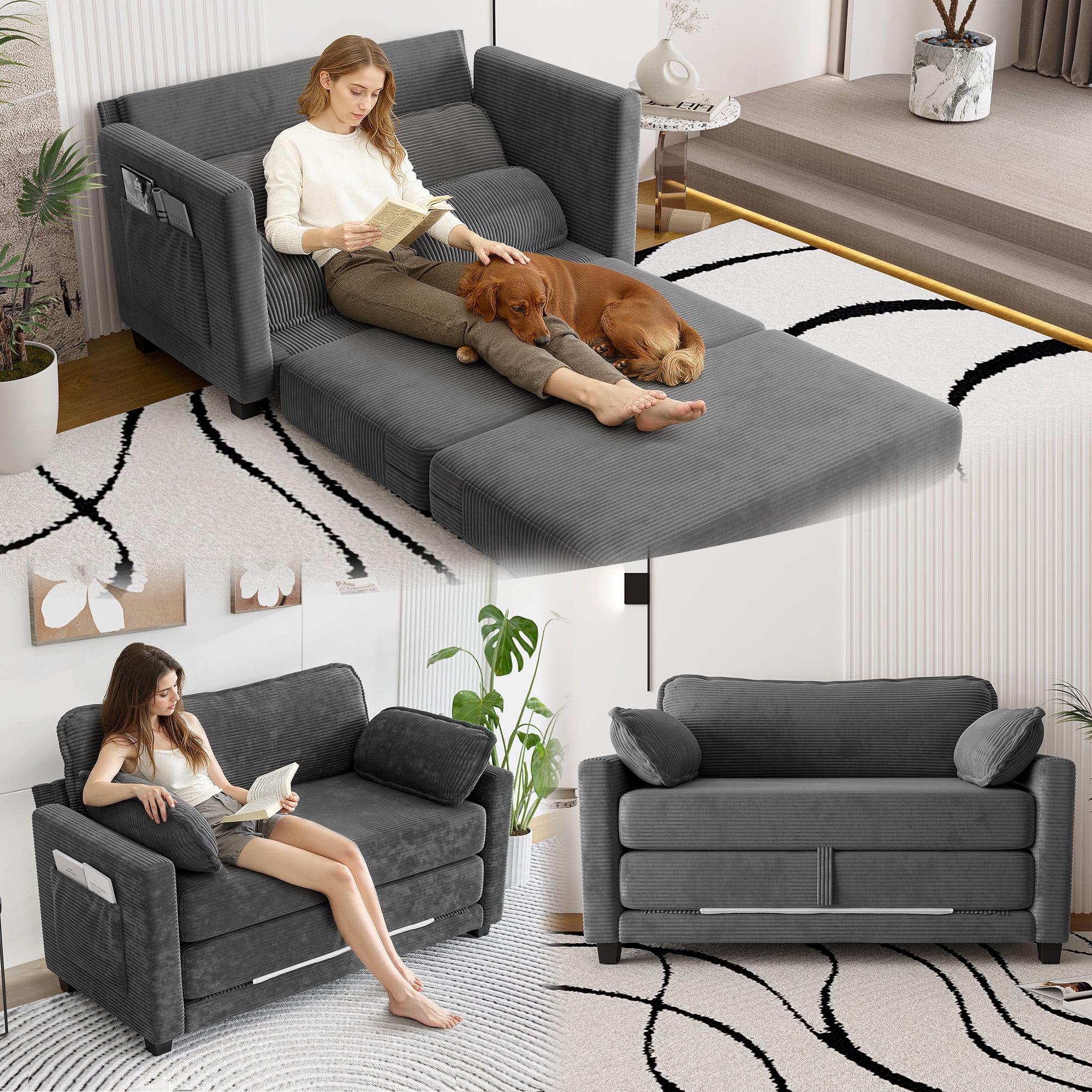 Convertible Sofa Bed, Loveseat Sleeper, 2-in-1 Sofa with Skin-Friendly Corduroy Fabric, Zero-Threshold Form Switch and Side Storage Pocket, for Small Space Living Room, Grey