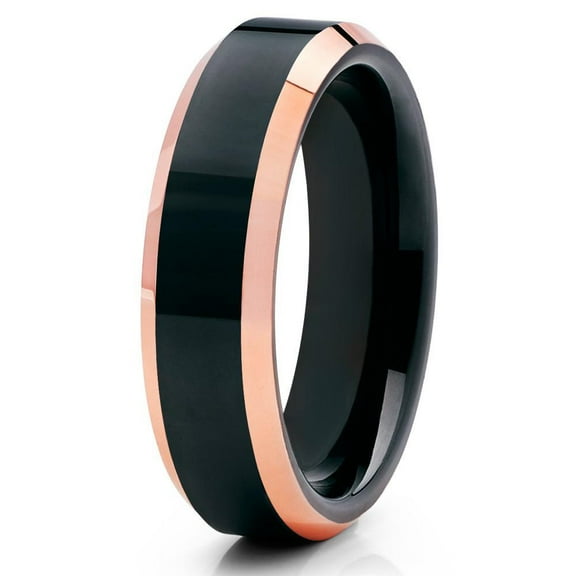 6mm Polished Black Tungsten Carbide Ring Beveled Rose Gold Edge Unisex Band 10