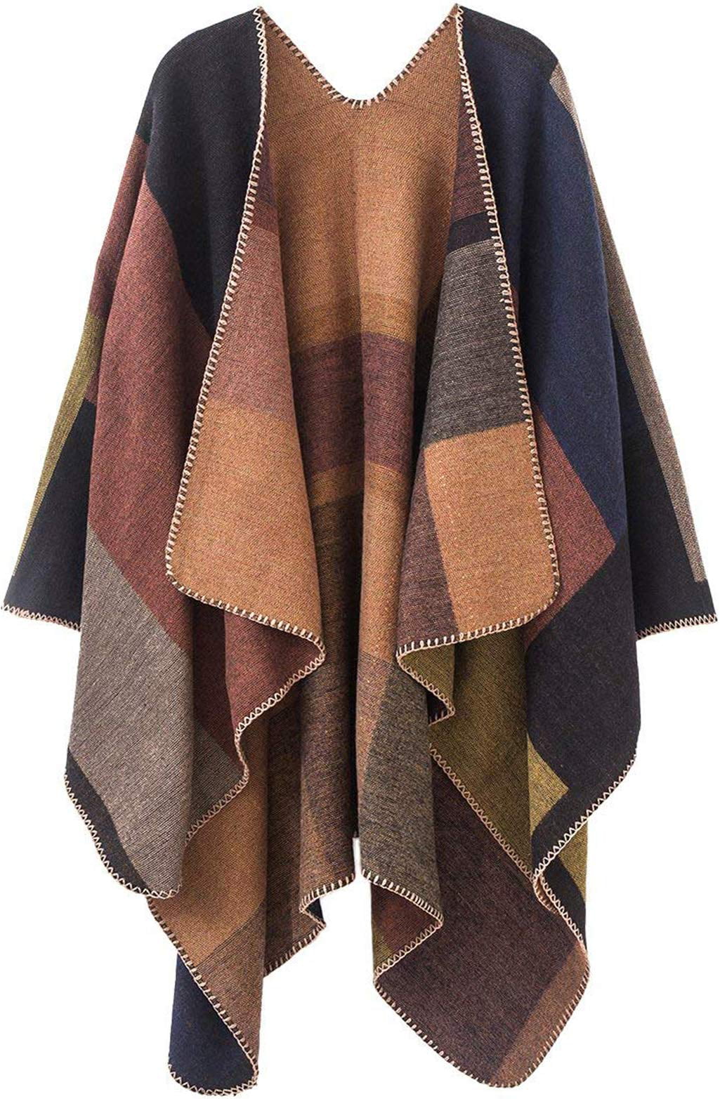Women's Plaid Sweater Poncho Cape Coat Open Front Blanket Shawls and Wraps,  Colorblock Khaki, Valentines Day Gifts for Her - Walmart.com