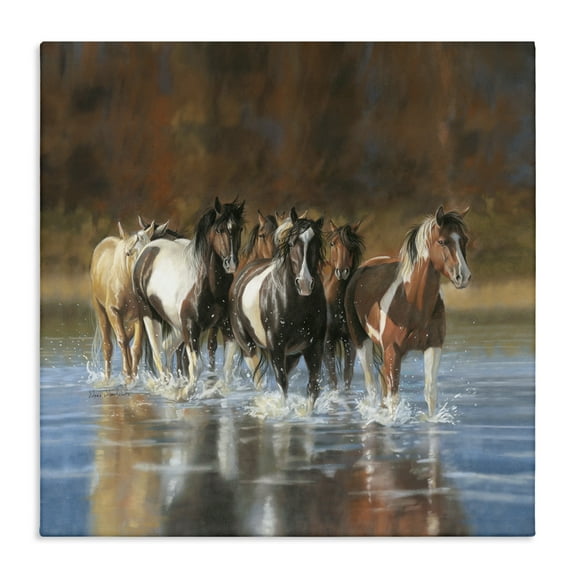 Stupell Industries River & Horses Scenery Animals & Insects Painting Gallery Wrapped Canvas Art Print Wall Art, 17 x 17