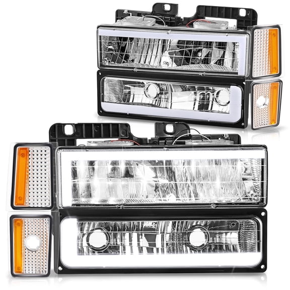 DNA Motoring C-LED Bar DRL Headlights for 88-93 Chevy C/K Pickup Suburban, Chrome/Amber