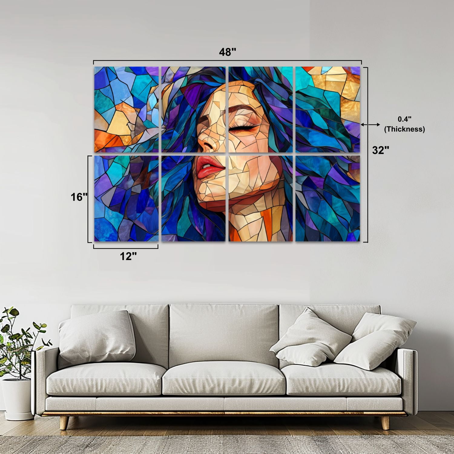 Stained Glass Style 8 Pack Art Acoustic Panels Sound Absorbing Portrait Woman Blue Hair Decorative Soundproof Wall Panels Self Adhesive for Nursery Game Room Bedroom 48"x32"