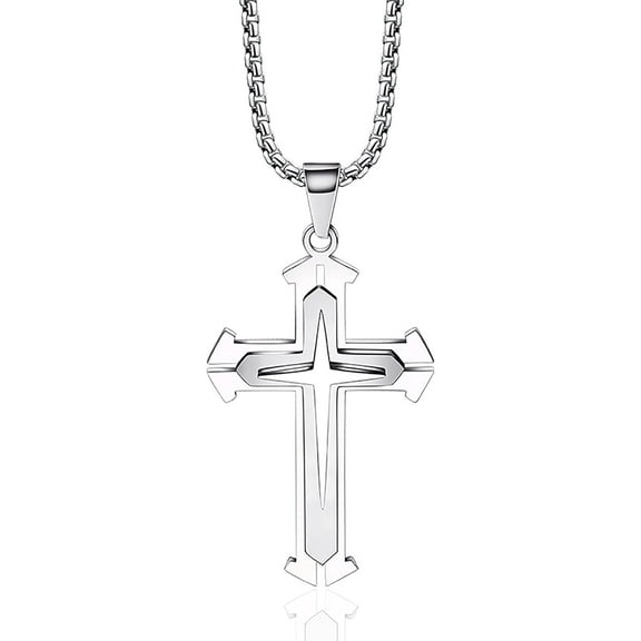 Two-Tone Blue Black Silver Stainless Steel Cross Pendant Necklace For Men Women Chain Length 25.6 in