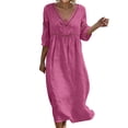 thumbnail image 2 of Ayolanni Cutout Fall Dresses V-Neck Cotton Linen Solid 3/4 Sleeve Maxi A-Line Dress Holiday Lightweight Plain Sundress Pink XXL, 2 of 8