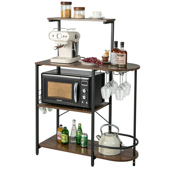 Costway Kitchen Bakers Rack Microwave Stand Coffee Bar w/ S-Hooks & Stemware Holder