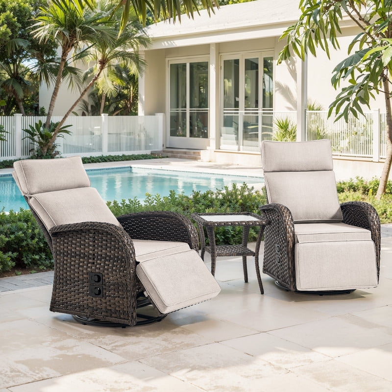 3-Piece Patio Swivel Recliner Chairs with Side Table, Outdoor Wicker Reclining Lounge Chairs with Adjustable Back and Footrest, Rattan Outdoor Furniture Set with Beige Cushions