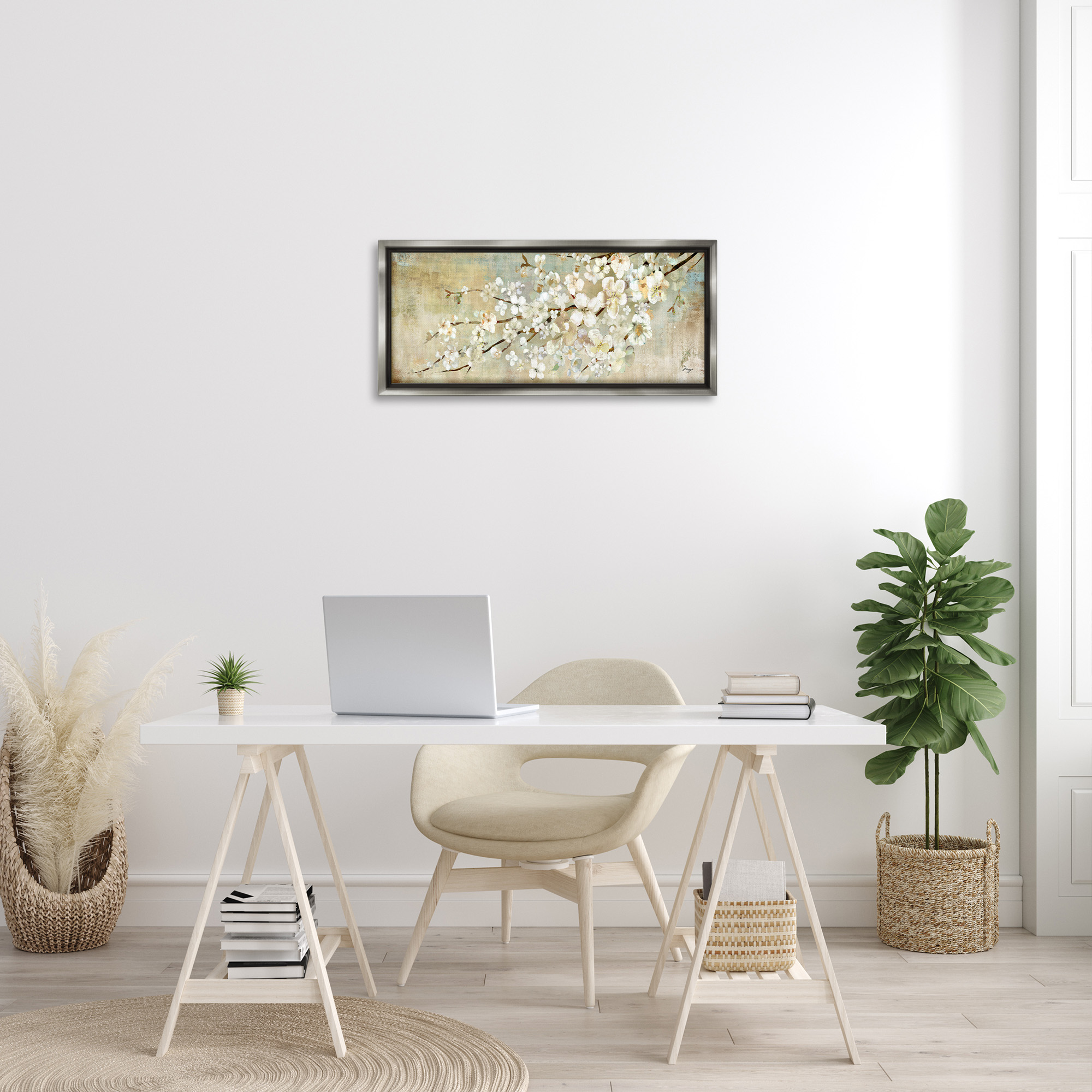 Stupell Industries Blooming Flower Tree Branch Painting Botanical & Floral Painting Gray Floater Framed Canvas Art Print Wall Art, 31 x 14
