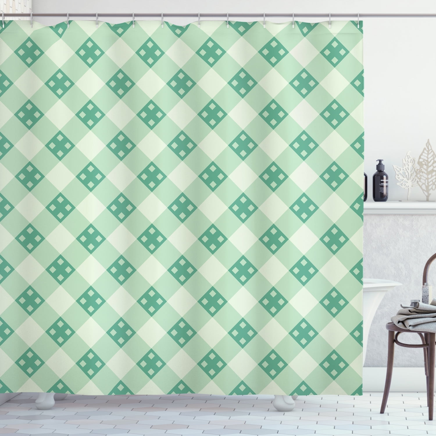 Ambesonne Mint Shower Curtain, Striped Geometrical Tile, 69"Wx70"L