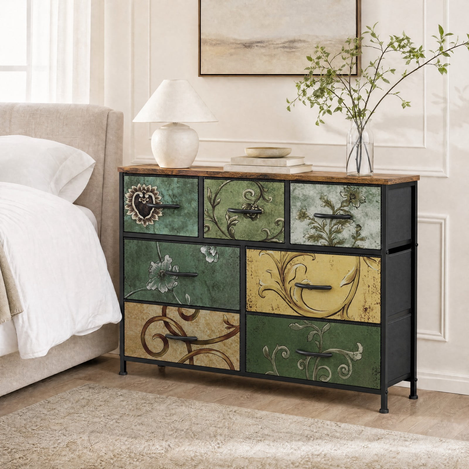 Telyra 7-Drawer Fabric Dresser TV Stand Organizer with Wood Top and Metal Frame Wide Storage Chest, Floral Painted