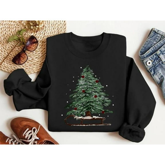 Women's Holiday Graphic Tee, Christmas Sleigh T-Shirt, Classic Christmas tree design，Cute Winter Top，Retro，cotton，black，S-3XL
