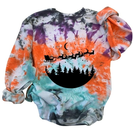 

jsaierl Womens Christmas Sweatshirts Crew Neck Long Sleeve Shirts Tie Dye Graphic Tops Fashion Going Out Blouse Tee Pullover for Teen Girls