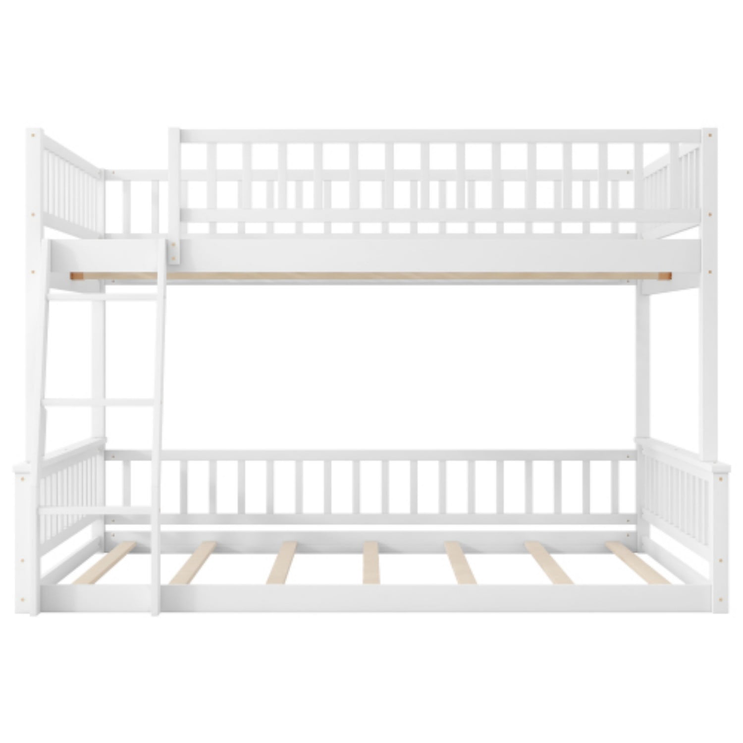 Full XL Over Queen Bunk Bed with Ladder, Convertible Wood Bunk Bed Frame with Safety Guardrails, Solid Pine Wood Space Saving Bed for Bedroom, White
