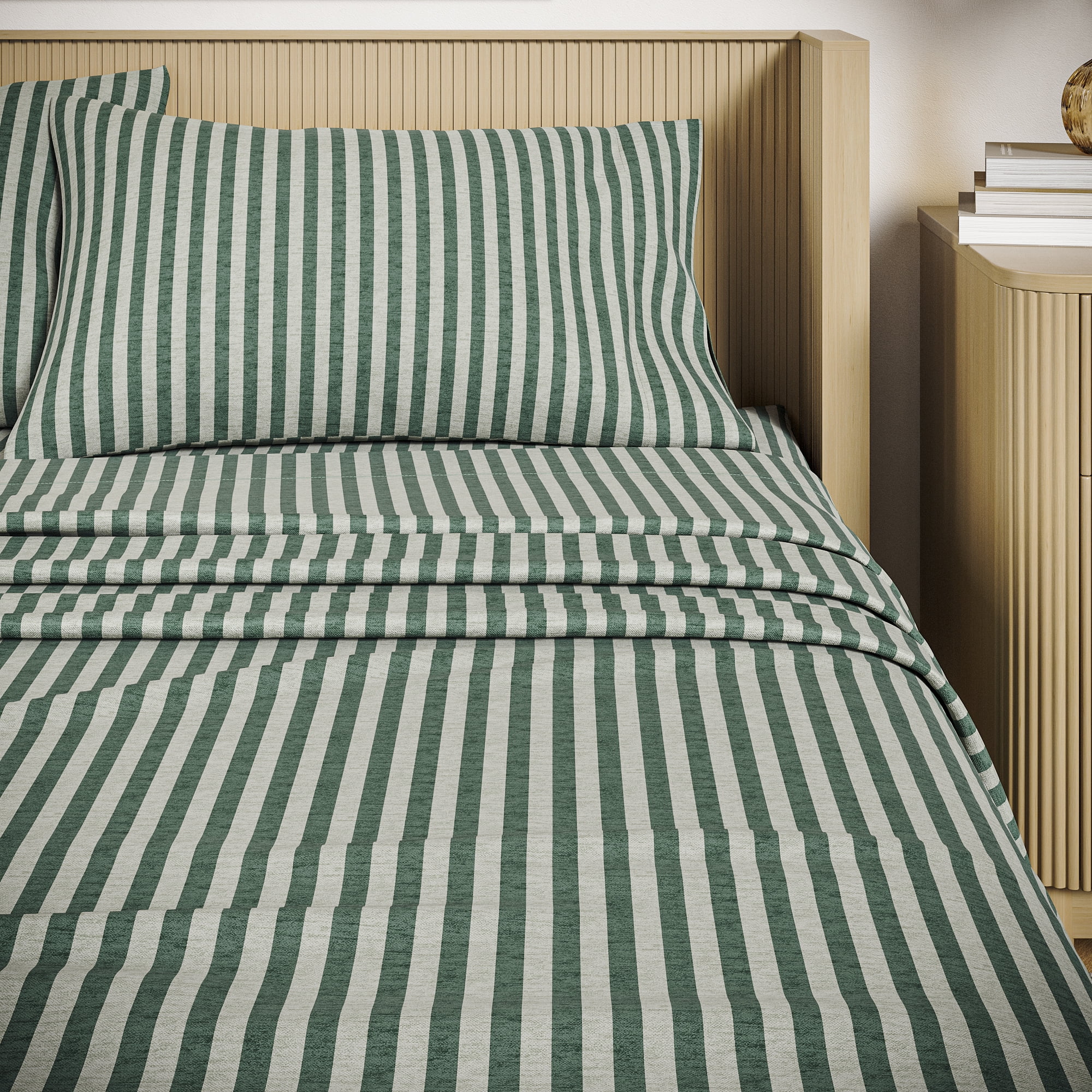 Beautiful Striped 4-Piece 100% Cotton Percale Sage Green Sheet Set, Full by Drew Barrymore