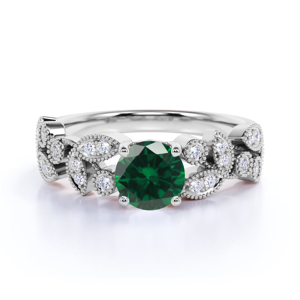 JeenMata 1.9 ct Round Real Brazilian Dark Green Emerald Ringwith Diamond AccentsEngagement