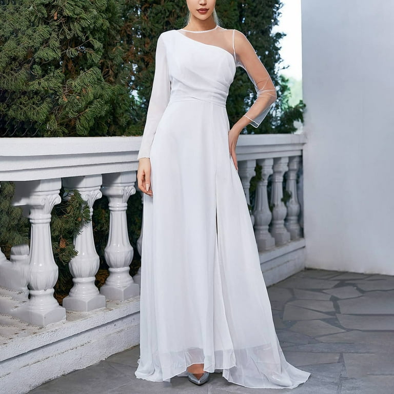 white christmas dresses One Shoulder Chiffon Long Bridesmaid Dress with Slit main image 0