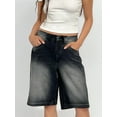 thumbnail image 5 of Women Baggy Denim Bermuda Shorts Y2k Vintage Straight Leg Casual Knee Length Jean Jorts with Pockets Dark Gray M, 5 of 9