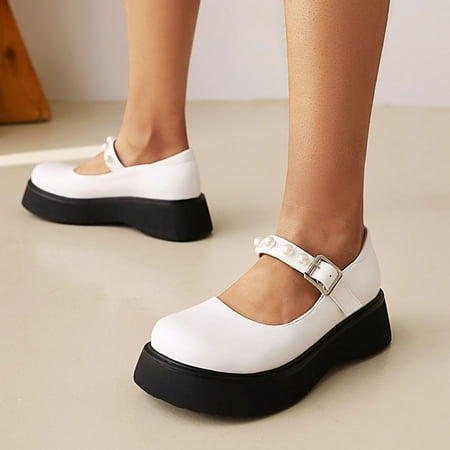

Qepwscx Women s Gothic Punk Pearl Platform Shallow Mouth Round Toe Student Shoes