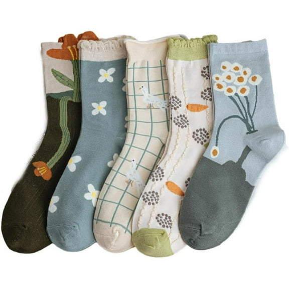 CoCozhu 5/10 Pairs Embroidered Floral Socks for Women Combed Cotton Above Ankle Crew Socks