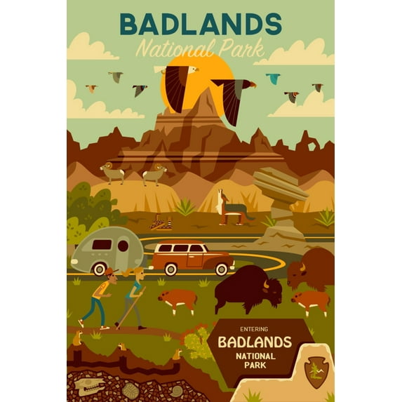Badlands National Park, South Dakota, Geometric National Park Series (36x54 Giclee Gallery Art Print, Vivid Textured Wall Decor)