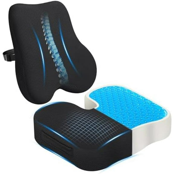 Gel-Infused Seat Cushion & Memory Foam Lumbar Pillow Set,Non-Slip Bottom,Breathable Mesh Cover,Portable Handle - Hemorrhoid Pillow for Office Chair Cushion, Car Seat Cushion and Wheelchair,Black