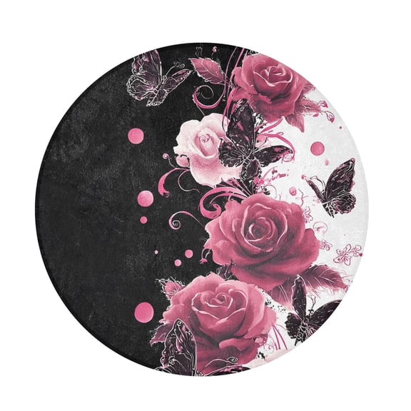 BZSMCE Rose Butfly Round Fluffy Area Rug 32.2in Non-Slip Circular Shaggy Rug