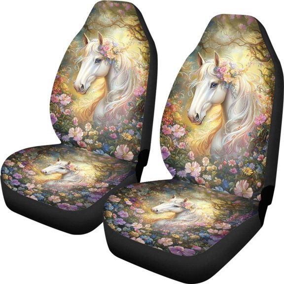 XYZCANDO White Horse and Floral Pattern Car Seat Covers for Woman Comfortable Car Front Seat Covers Non-Slip Elastic, for Sedan Van Auto