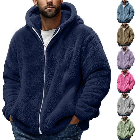 Admvng Mens Jacket Casual Solid Hooded Double Sided Velvet Warm Jacket Winter Fleece Coats, Size S-4XL