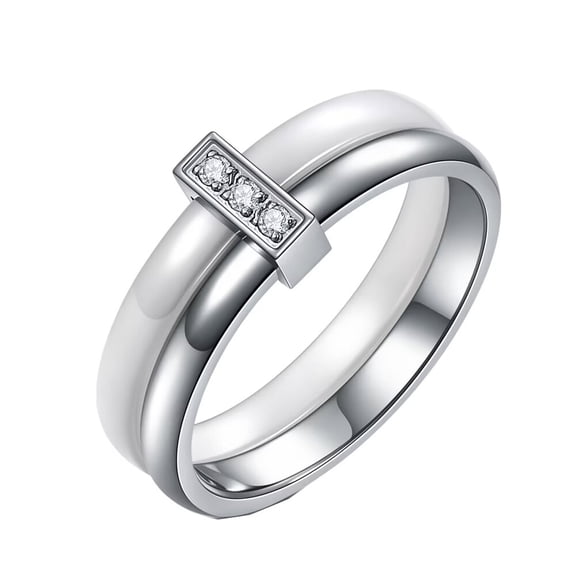 PAURO 6mm Women's Ceramic Ring with Cubic Zirconia Stainless Steel Ceramic 2 in 1 Ring Patchwork Polished Wedding Band Silver   White Size 10