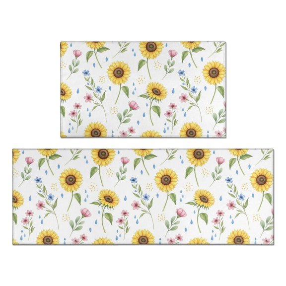 Sunflower and Small Flower White Anti Fatigue Kitchen Rugs Set Of 2, Non Slip Washable Decorative Floor Mats for Kitchen Sink Laundry, 17"x30" and 17"x47"