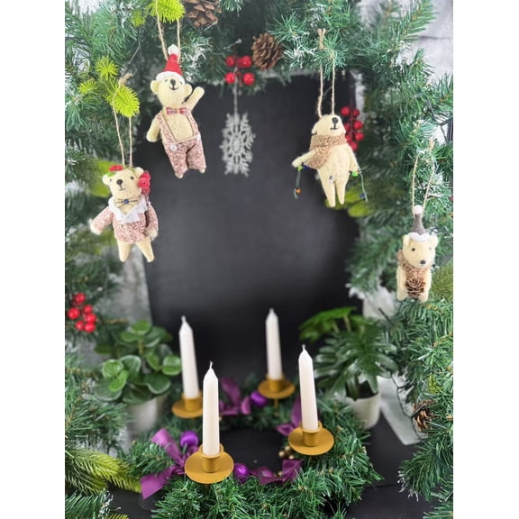 Christmas Felt white Bear Ornaments Set of 4, Xmas Wool Bear Hanging Decoration