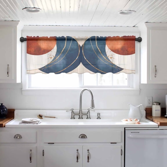 Navy Blue Burnt Orange Valance Curtains for Kitchen/Living Room/Bathroom/Bedroom Window, Modern Boho Art Geometric Rod Pocket Small Topper Half Short Window Curtains Voile Sheer Scarf 54"x18"