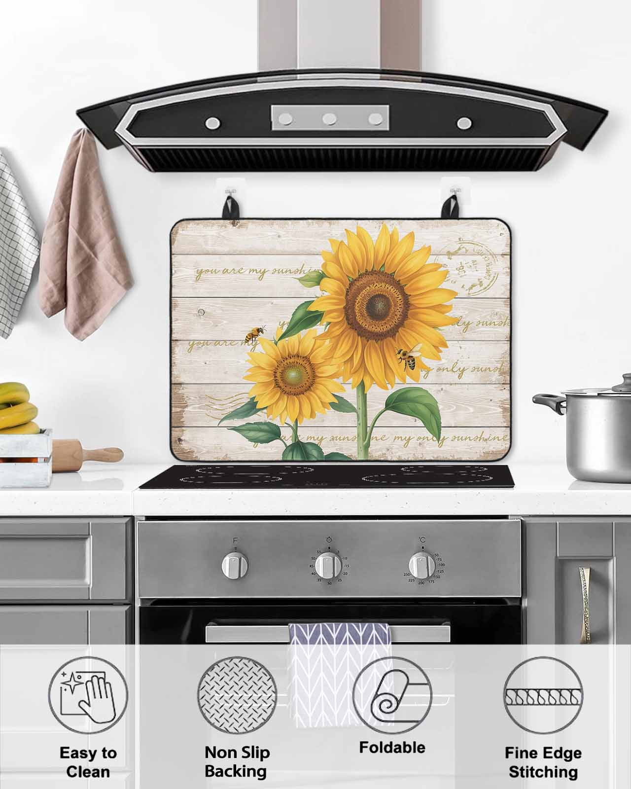 Large Induction Cooktop Protector Mat Sunflower Stove Top Covers for Electric Stove, Yellow Summer Flowers Bee Botanical Wooden Decorative Stove Burner Cover Mats, Glass Top Stove Cover
