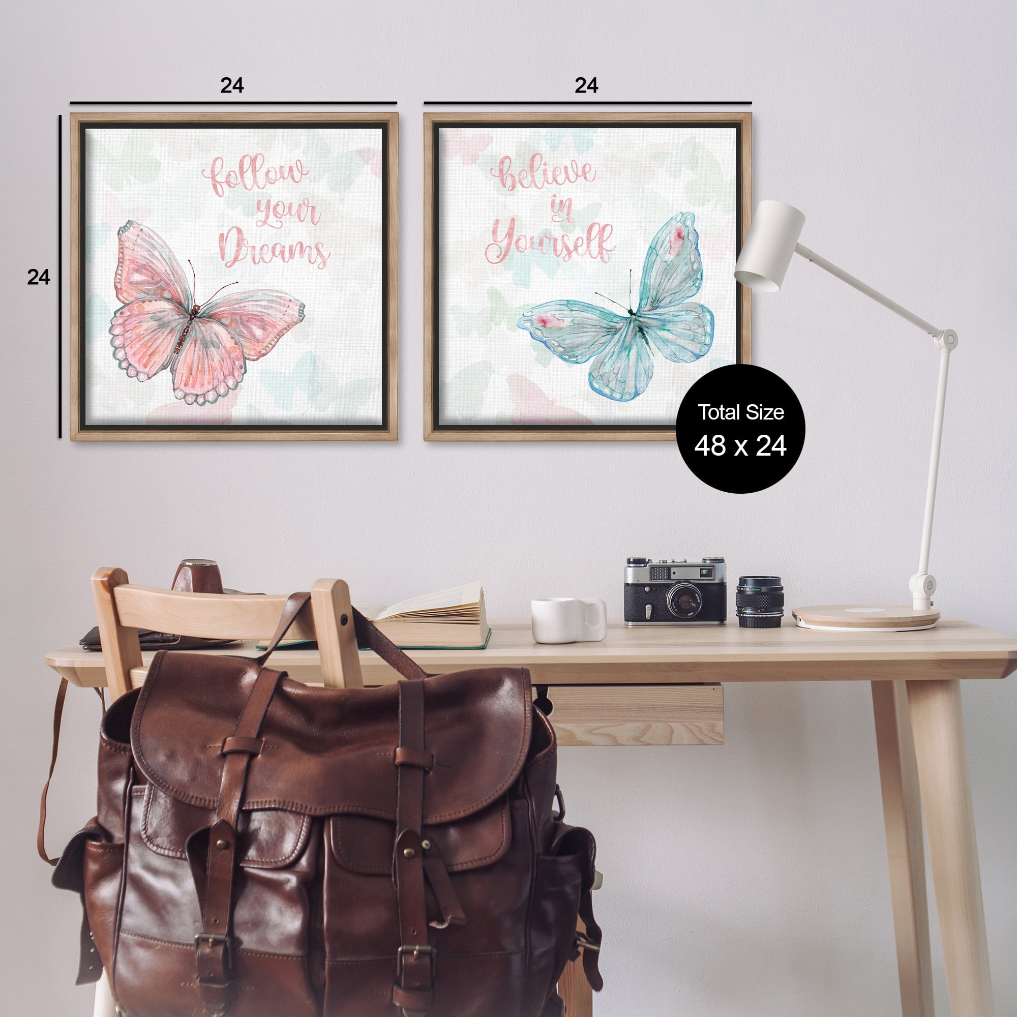 Stupell Industries Believe In Dreams Butterflies Animals & Insects Painting Brown Floater Framed Canvas Art Print Wall Art, 25 x 25, Set of 2