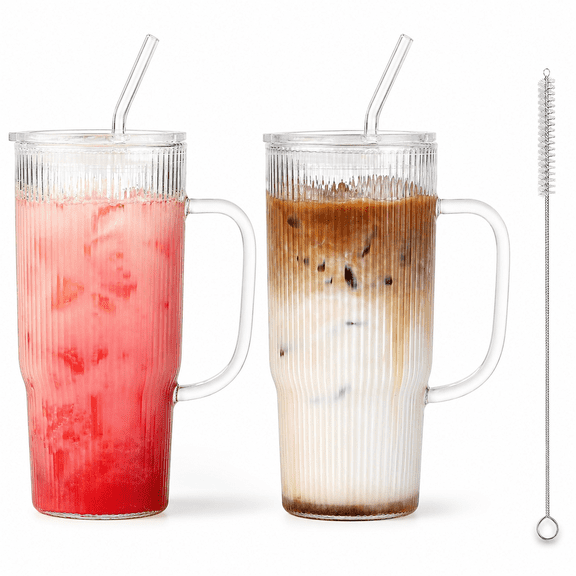 2 Pack Ribbed Glass Tumblers with Handle, Lid and Glass Straw, 24oz/700 ml Clear Iced Coffee Cups, Large Ripple Drinking Glasses for Smoothies, Tea, Juice, Hot & Cold Drinks