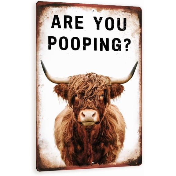 Funny Vintage "Are You Pooping?" Cow Sign – Rustic Bathroom Decor – 8"x 12" Metal Wall Art With Shaggy Cow Photo