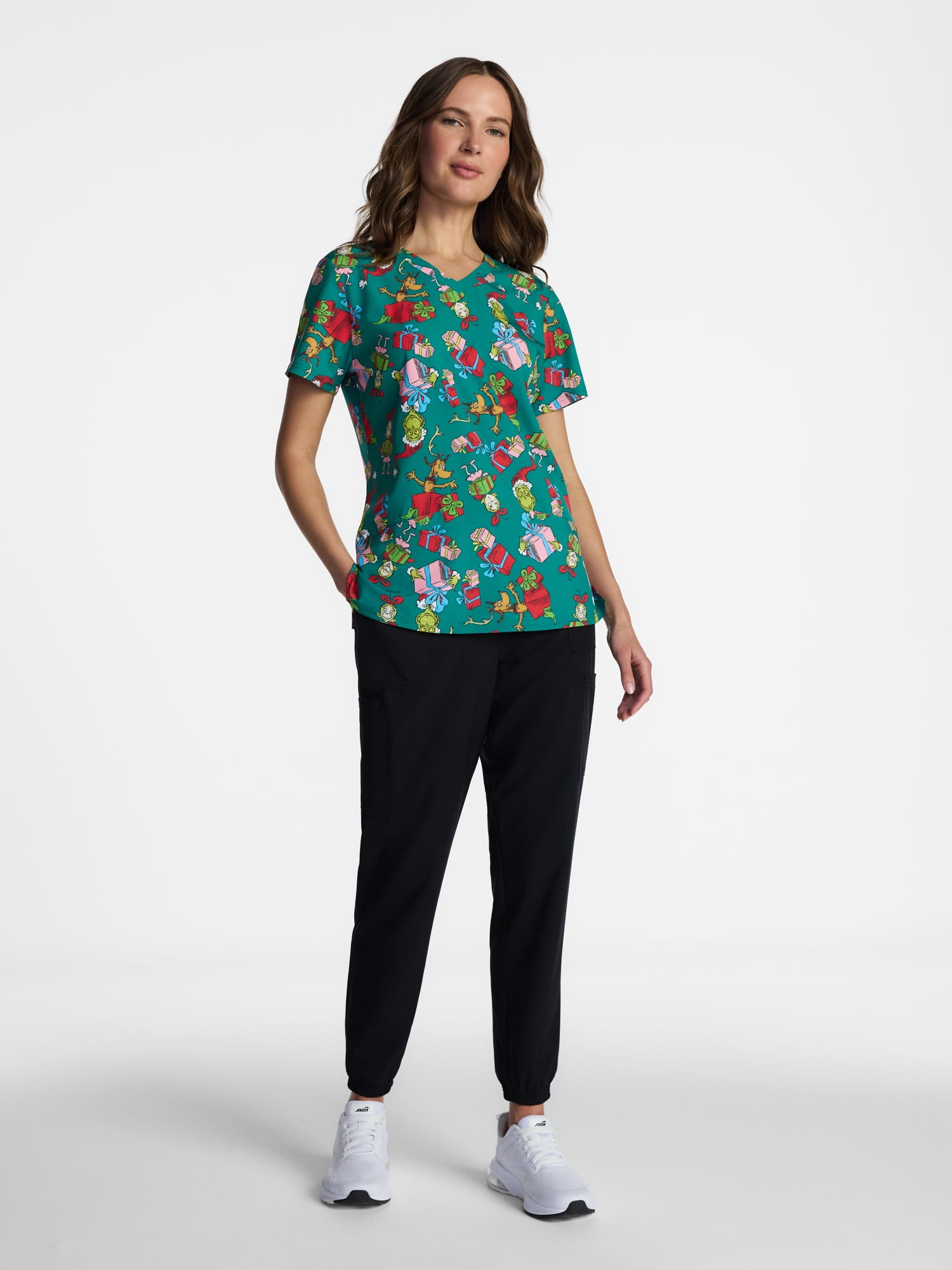 Dr. Seuss The Grinch Women's Holiday Scrub Top with Short Sleeves, Sizes S-XXXL
