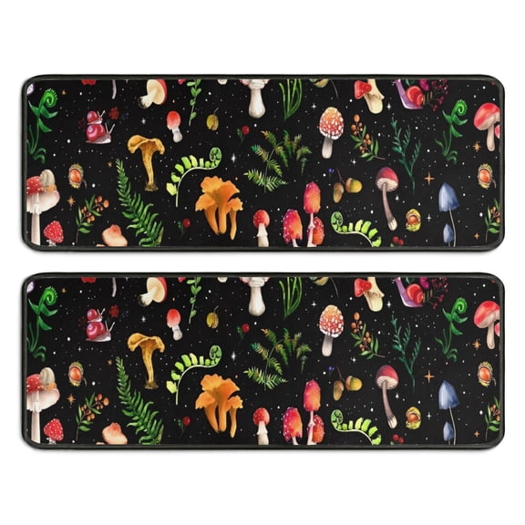 Kitchen Rugs Sets Of 2,Colorful Mushroom Leaf Black Pattern Anti Fatigue Kitchen Mat Rugs Non Slip Washable,Decorative Kitchen Floor Mats for Kitchen,Sink,Laundry,17"x47" 17"x47"