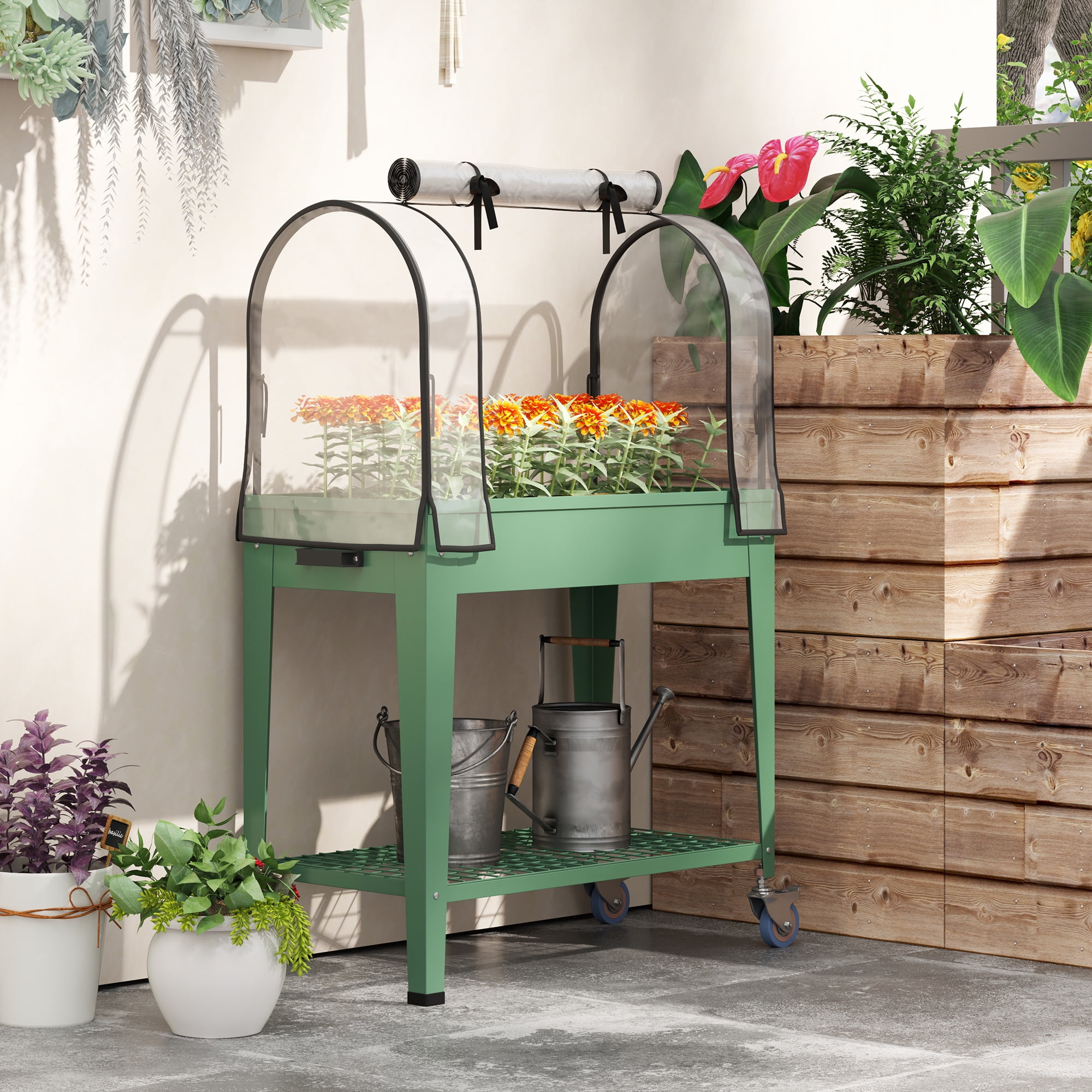 Outsunny Raised Garden Bed with Greenhouse Cover, Metal Outdoor Elevated Planter Box with Lockable Wheels, Storage Shelf and Drainage Hole, Green