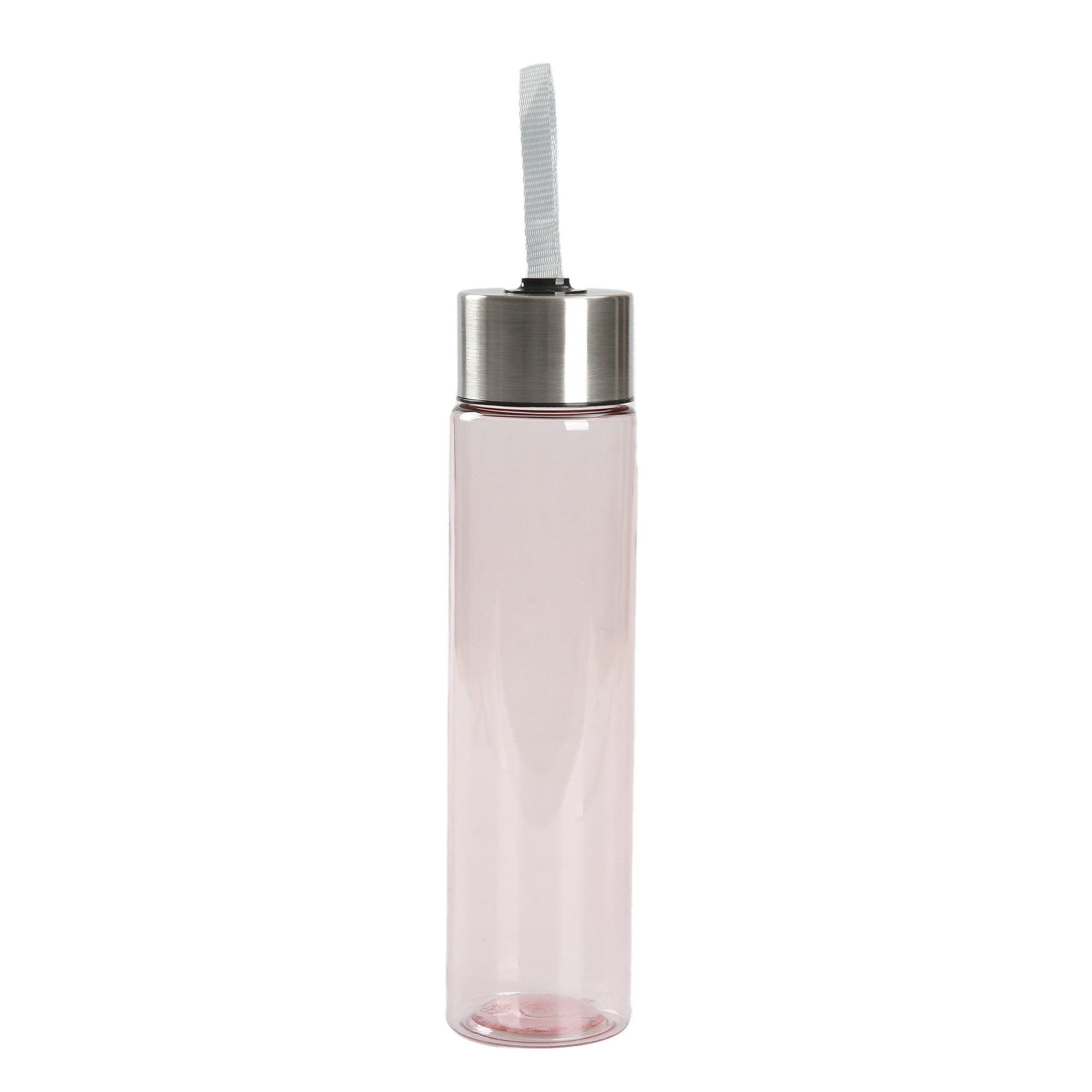 Mainstays 18oz Plastic Pink Water Bottle Stainless Steel Screw Cap Lid with Strap, 1 Each
