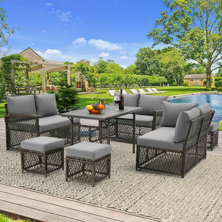 AECOJOY Outdoor Patio Furniture Set, Metal Patio Sectional Conversation  Sofa, Black Wrought Iron Outdoor Furniture Sets Clearance with Grey Cushions