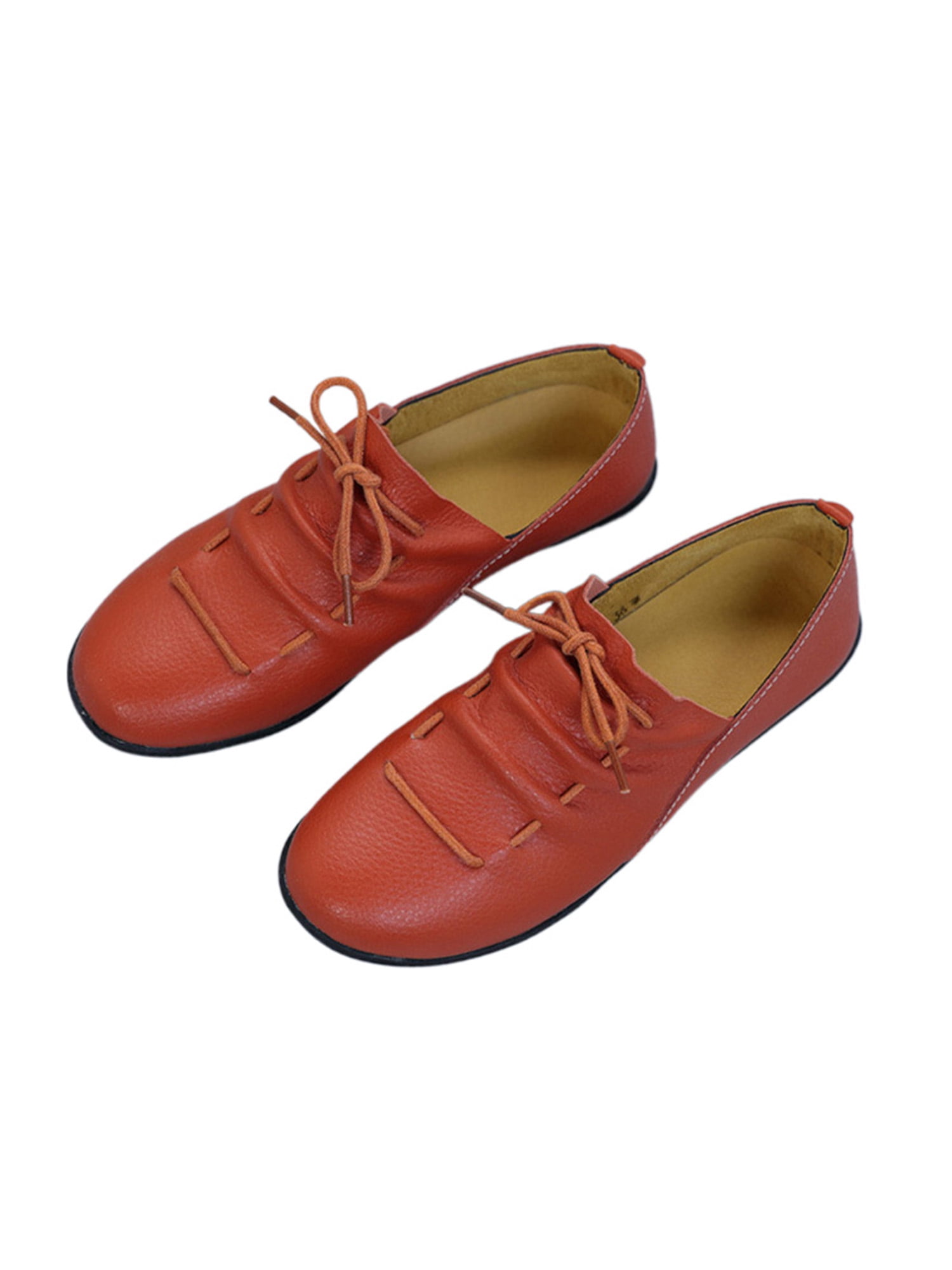 Simanlan Women's Comfy Lace Up Dress Shoe Dance Durable Leather Flats Ladies Anti-Slip Closed Toe Flat Shoes, Size: 5, Orange