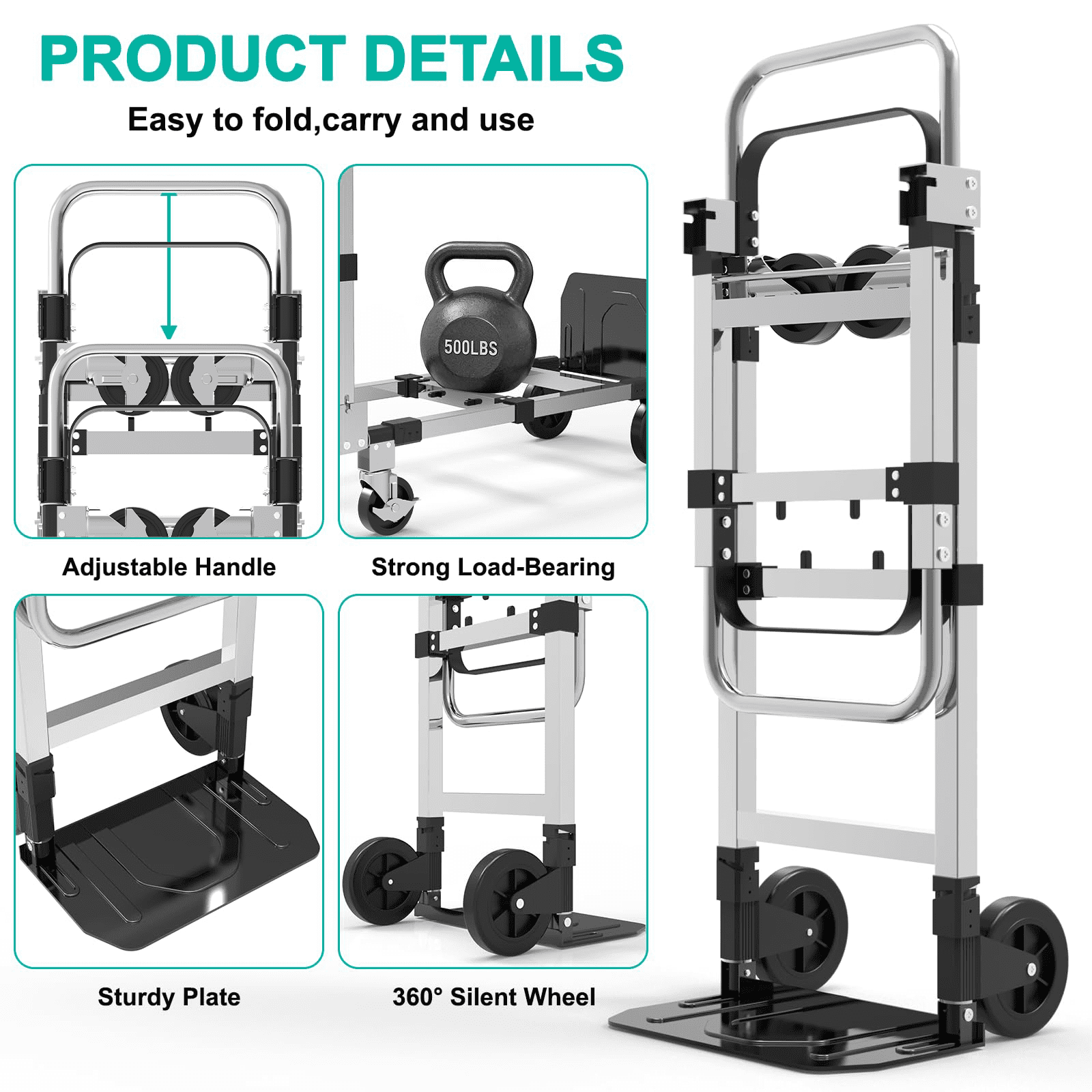 Foldable Hand Truck, 3-in-1 Aluminum Collapsible Dolly Cart with 4 Rubber Wheels and Retractable Handle, Portable Moving Dolly, Black