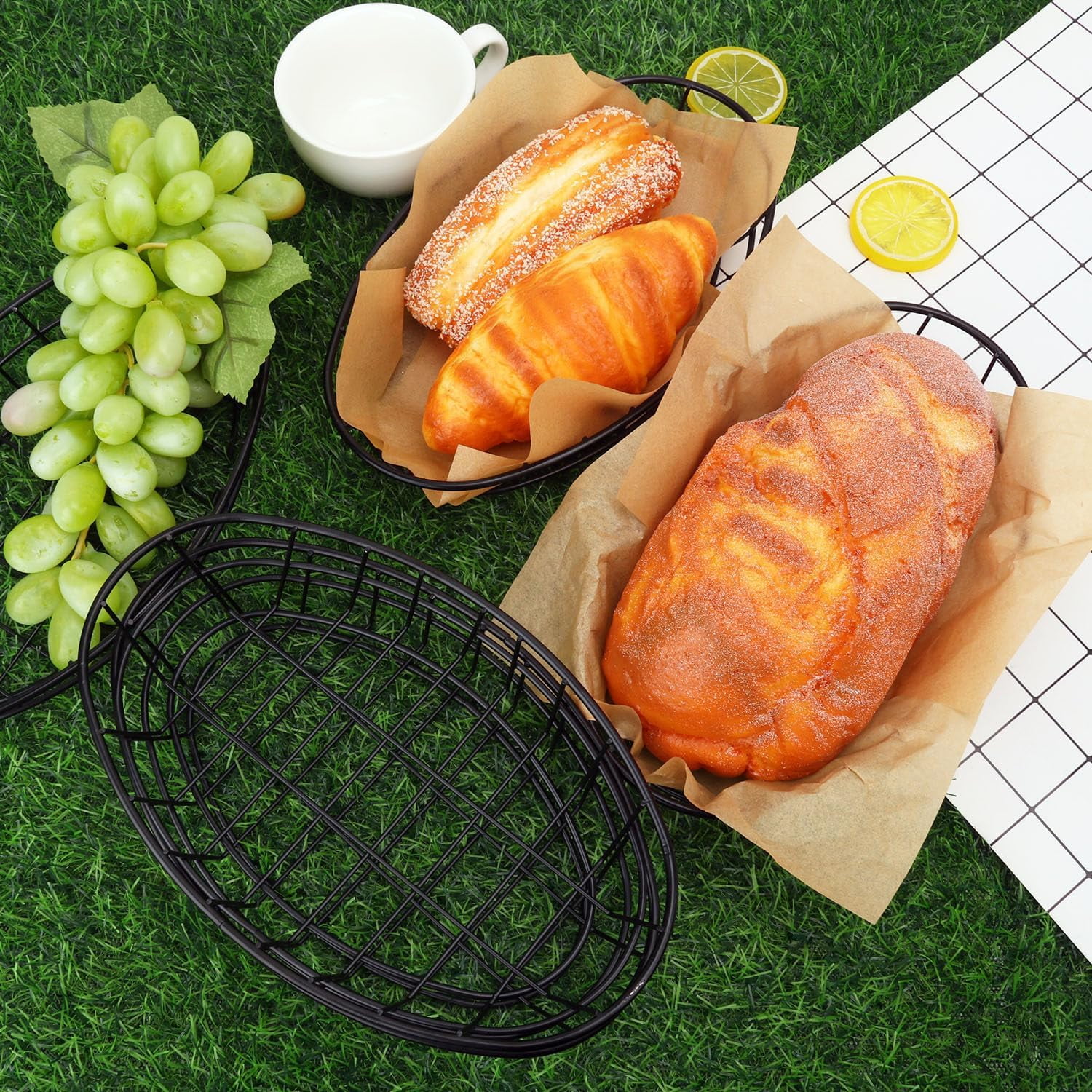 12 Pack Wire Bread Basket with 50 Sheets Deli Wrappers Paper, 9.65 x 6.1 x 2.17 Inch Metal Oval Bread Basket for Food & Fruit Serving – Durable Black Wire Baskets for Home & Kitchen