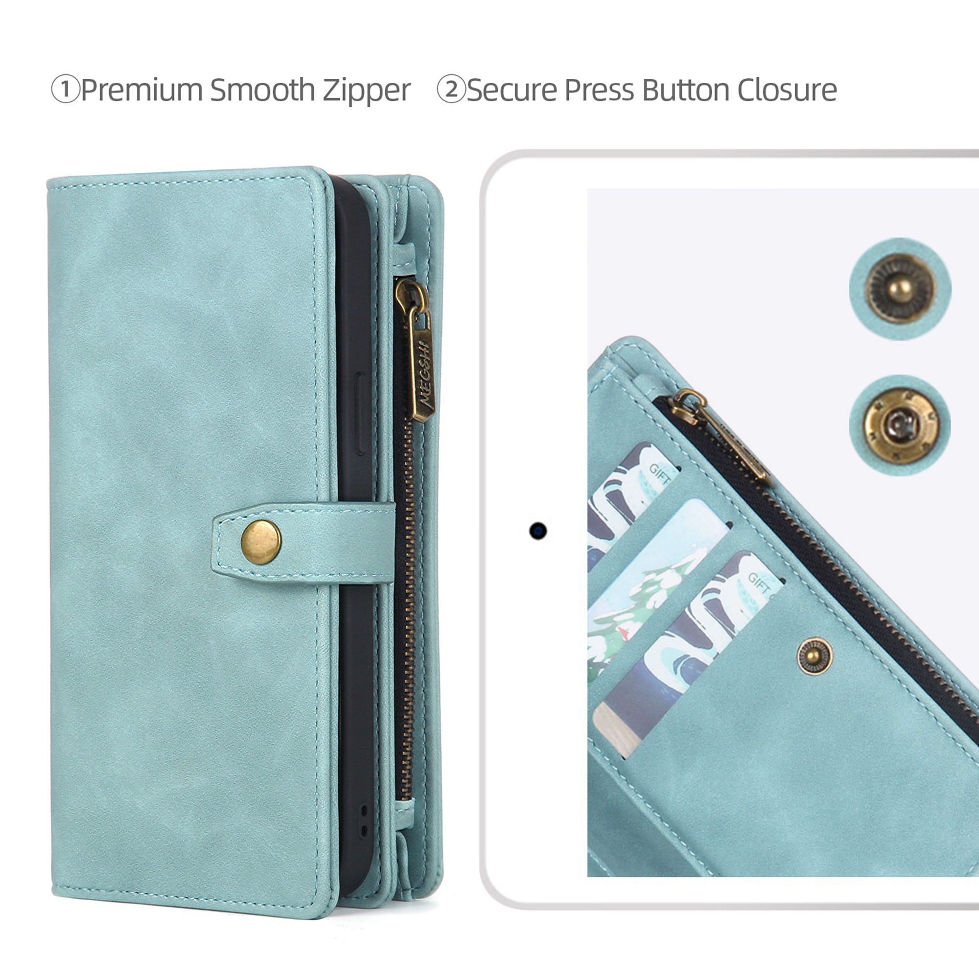 Dteck for iPhone 14 Pro Max Case, iPhone 14 Pro Max Case Wallet for Women Men, Durable PU Leather Magnetic Flip Lanyard Strap Wristlet Zipper Card Holder Phone Cases for iPhone 14 Pro Max,Green