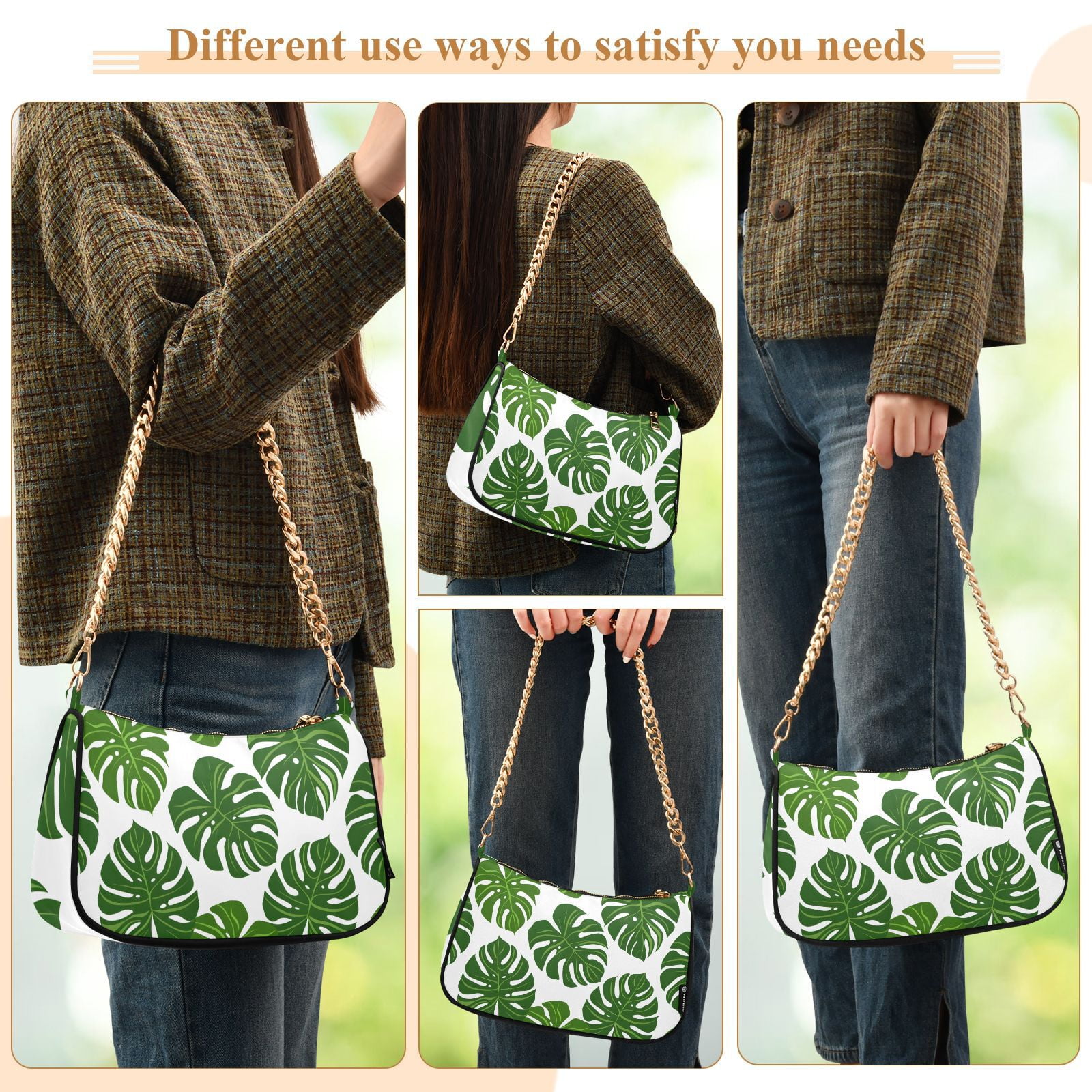 Green LeavesWomen Small Shoulder Bag Crossbody Tote Hobo Bags Purse Clutch Handbags with Chain Strap for Women