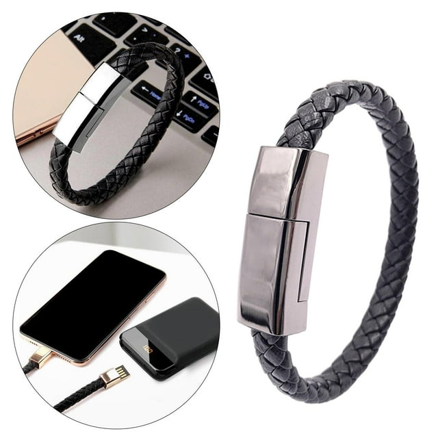 Pulseras de carga Cables Cable de carga de datos Cordón de muñeca de material cuero PU de moda (negro) Hugo Cable de datos de pulsera